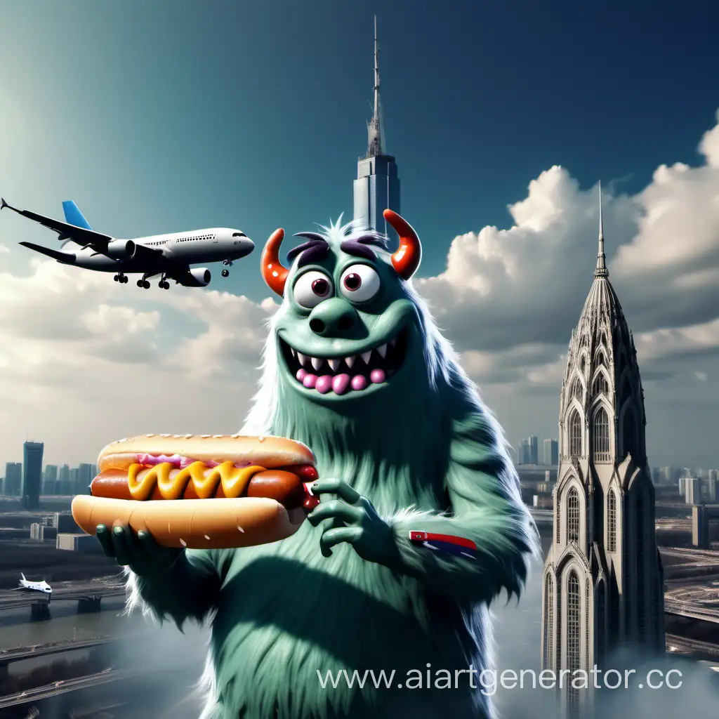 Monster-Enjoying-Hot-Dog-with-Tower-Skyline