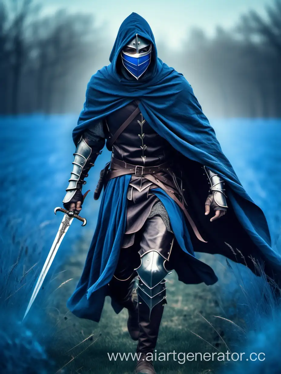 нарисуй средневекового воина в кожанной броне и маске 

, бегущий по полю с синим эффектом. на нем плащ и в руках  у него 2 меча загадочный без шлема

