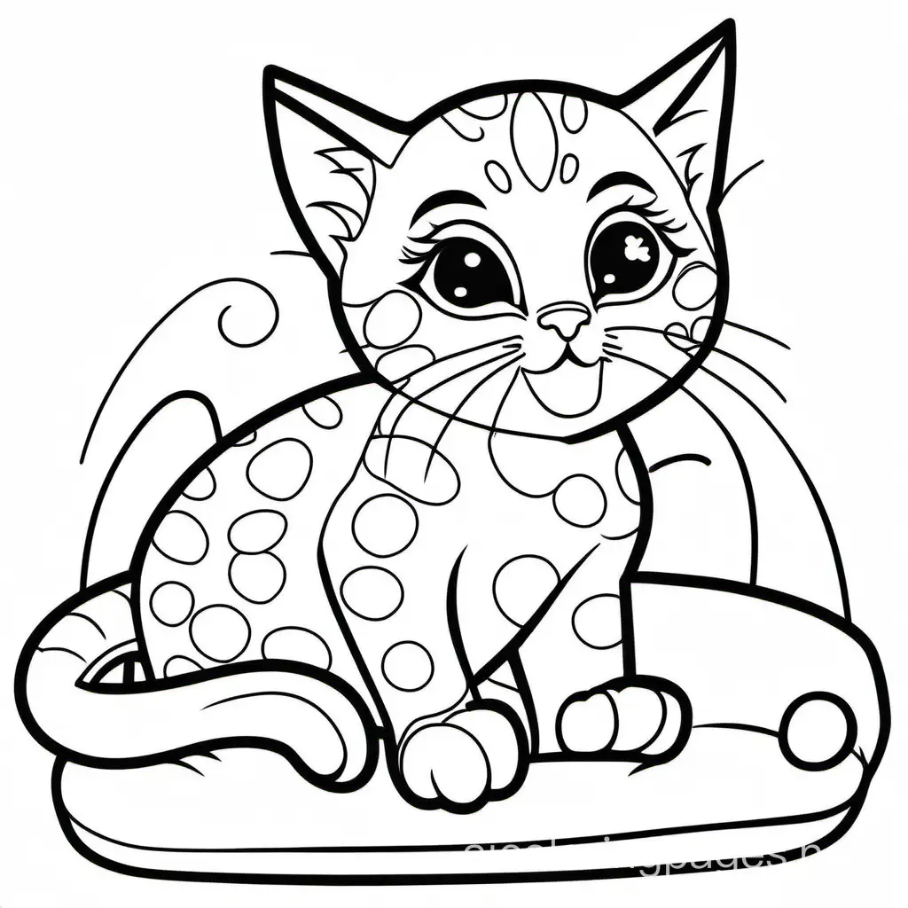 Spotted kitten sitting on pillow, Coloring Page, black and white, line art, white background, Simplicity, Ample White Space. The background of the coloring page is plain white to make it easy for young children to color within the lines. The outlines of all the subjects are easy to distinguish, making it simple for kids to color without too much difficulty