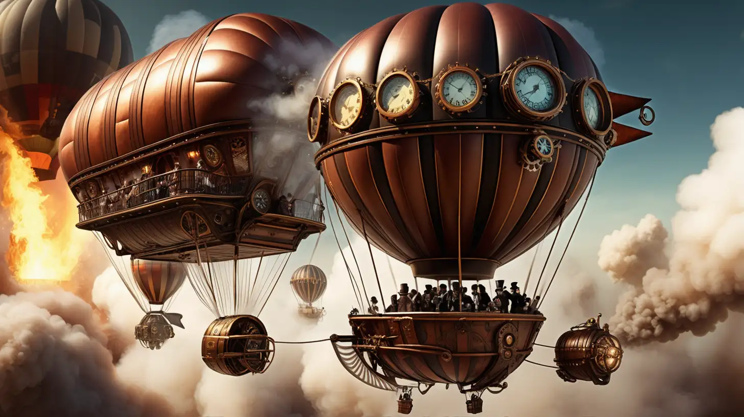 Steampunk Hot Air Balloon Boarding Spaceship with Steam and Fire