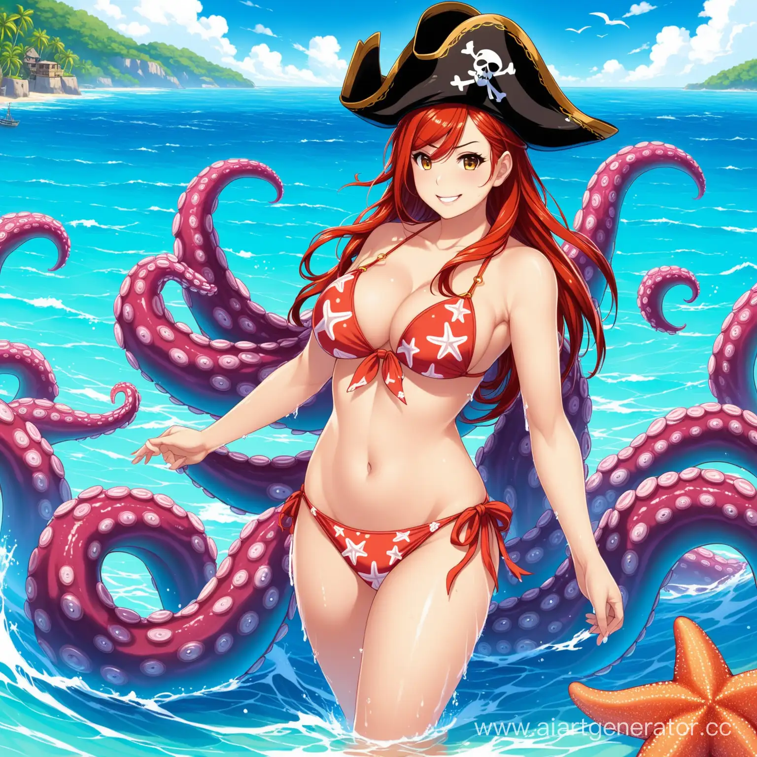 Adventurous-Girl-in-Starfish-Bikini-Encounters-Tentacled-Pirate-Queen-by-the-Sea