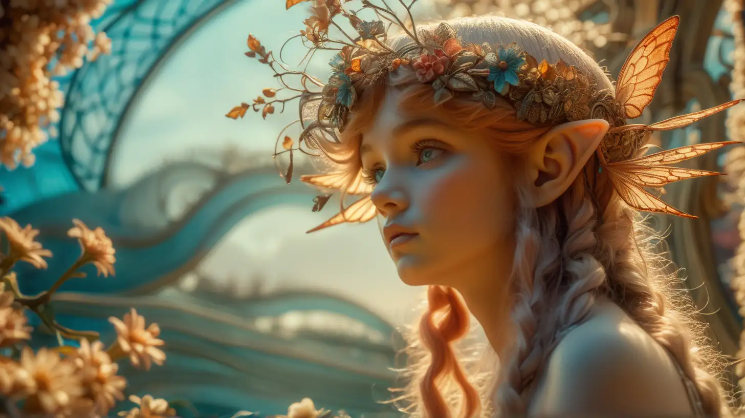 a magical garden eden on an alien ship, fairies, aliens, sirens, branched and complex,  warm colors, gloomy, embroidered, detailed, studio lighting, 8k realistic, cinematic lighting, volumetric, by moebius and alphonse mucha and roger deakins bokeh defocus dof, enosis, echo, glamour shot