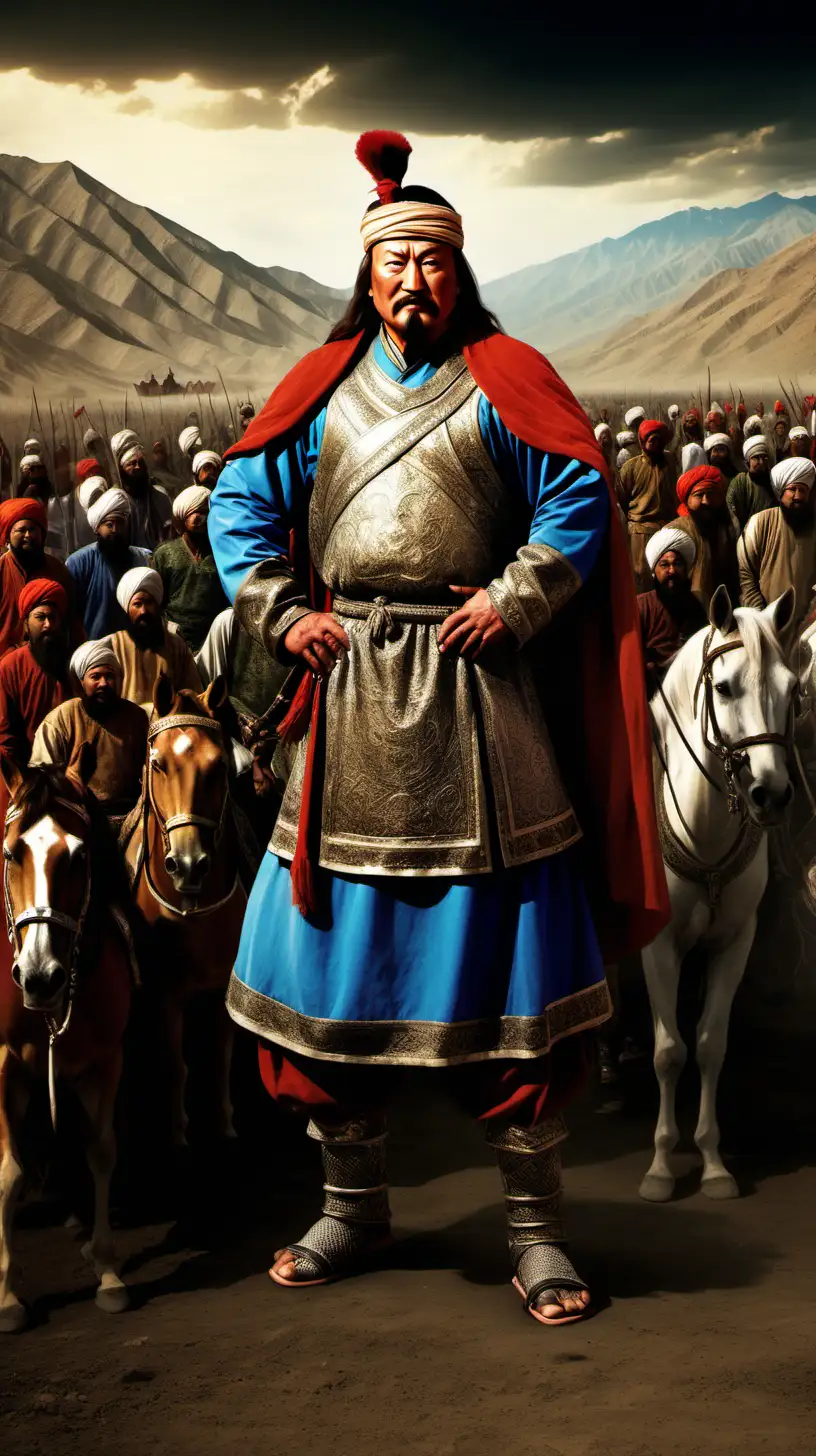 Genghis Khan is standing in front of the Mughal tribe. Let the background of the picture be a little dark
