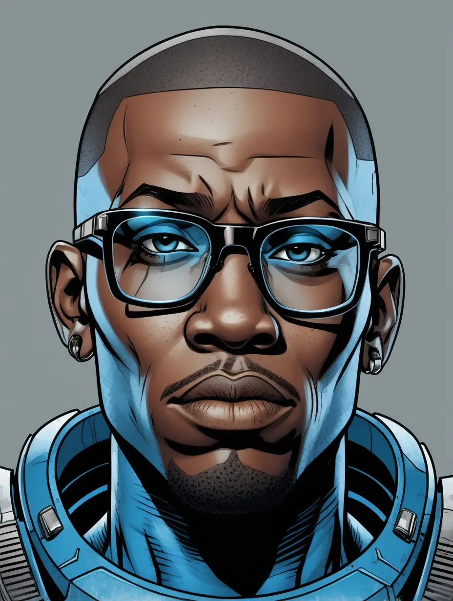 inked comic book style. close up portrait of african man with crew cut and round glasses. wearing ocean blue power armor. grey background.