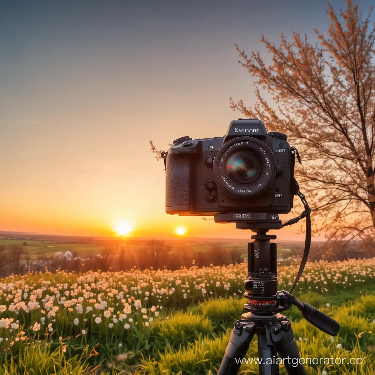 Фотоаппарат на фоне весны и красивого заката 
