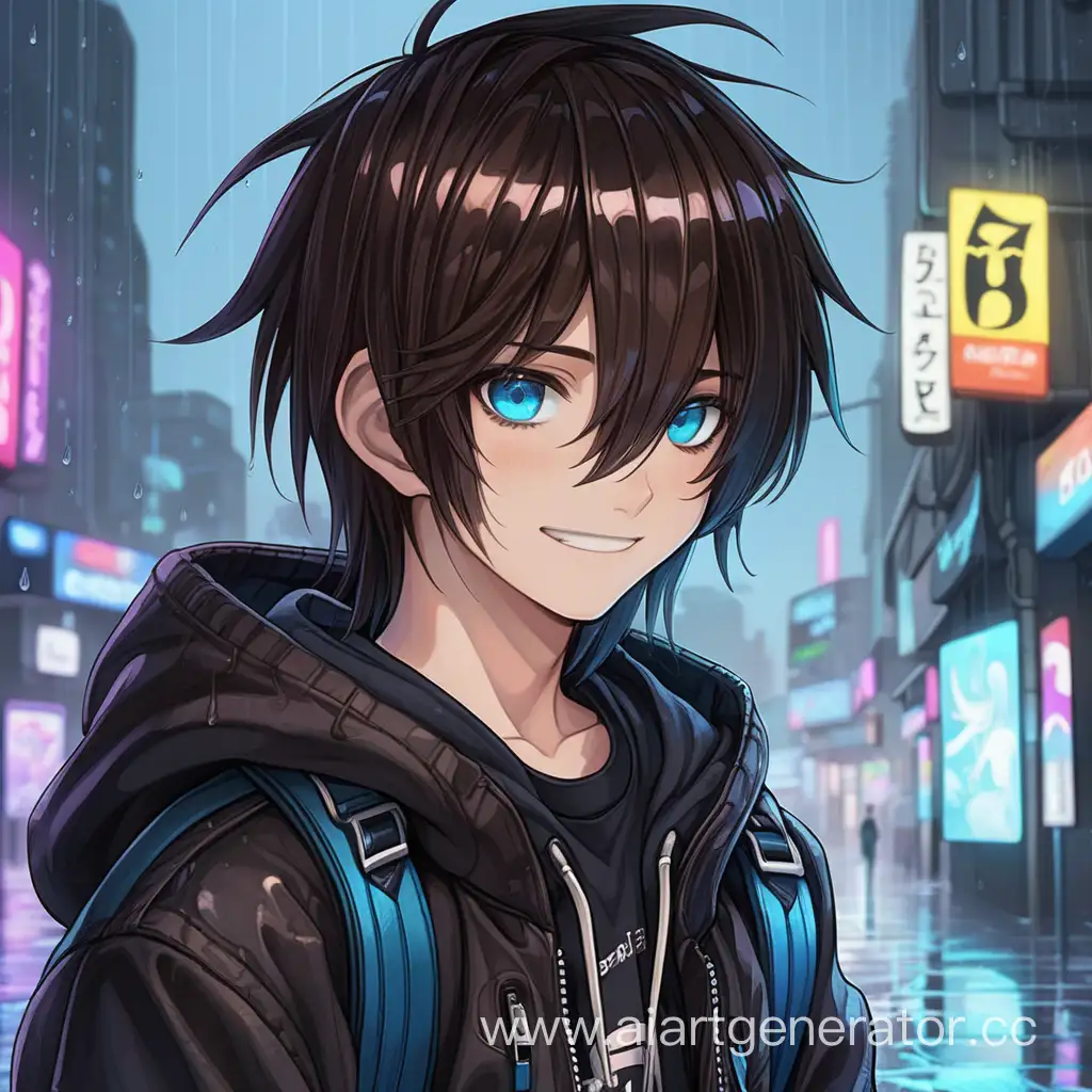 Dark brown hair, blue eyes, medium length hair, emo, 2 boys, 12 years old, smile, plaza, cyberpunk, rain