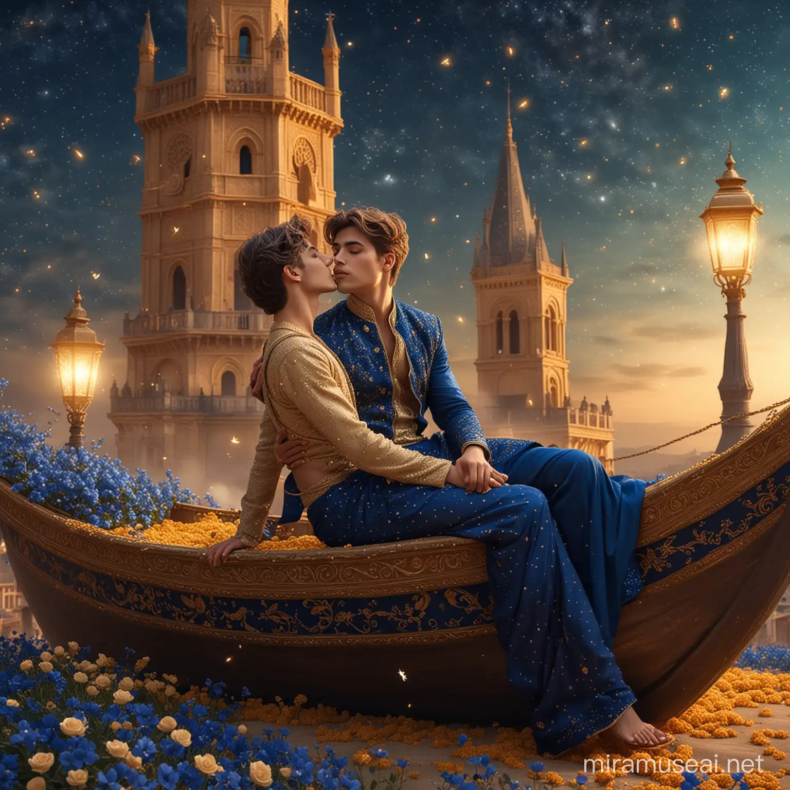 gayboy kissing a  gayboy, sitting on a floral boat,surrounded by small dark blue flowers and golden dust. Elegant long beige and dark blue dress, haute couture, sari tissu. Background nebula sky with golden light. background golden dust and old lamps. Background tower effel. 8k, fantasy, illustration, digital art, illustration art, fantasy art, fantasy styl

