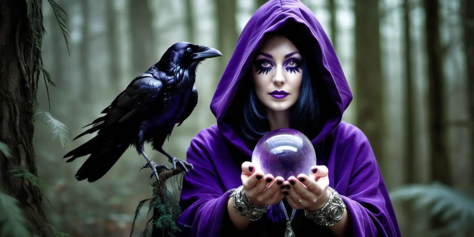  a lady has a beautiful raven standing on her shoulder , she is wearing a purple hooded cloak peers out  of the hood to the right , she is wearing mascara & eyeliner,  in her right hand she is holding a crystal ball, black feathers  with silver are dangling from her right wrist , she is in an ancient forest 