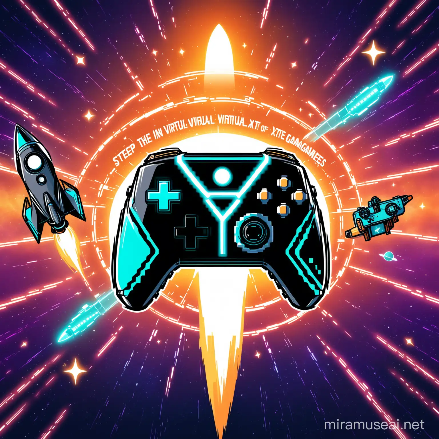 A futuristic background with a gaming controller icon and a rocket icon. Text overlay reads: "Step into the virtual world of @XterioGames with the power of $Xter, where decentralization meets immersive gaming experiences. Buckle up for a journey into the future of gaming! 🎮🚀 #Xterio #Web3