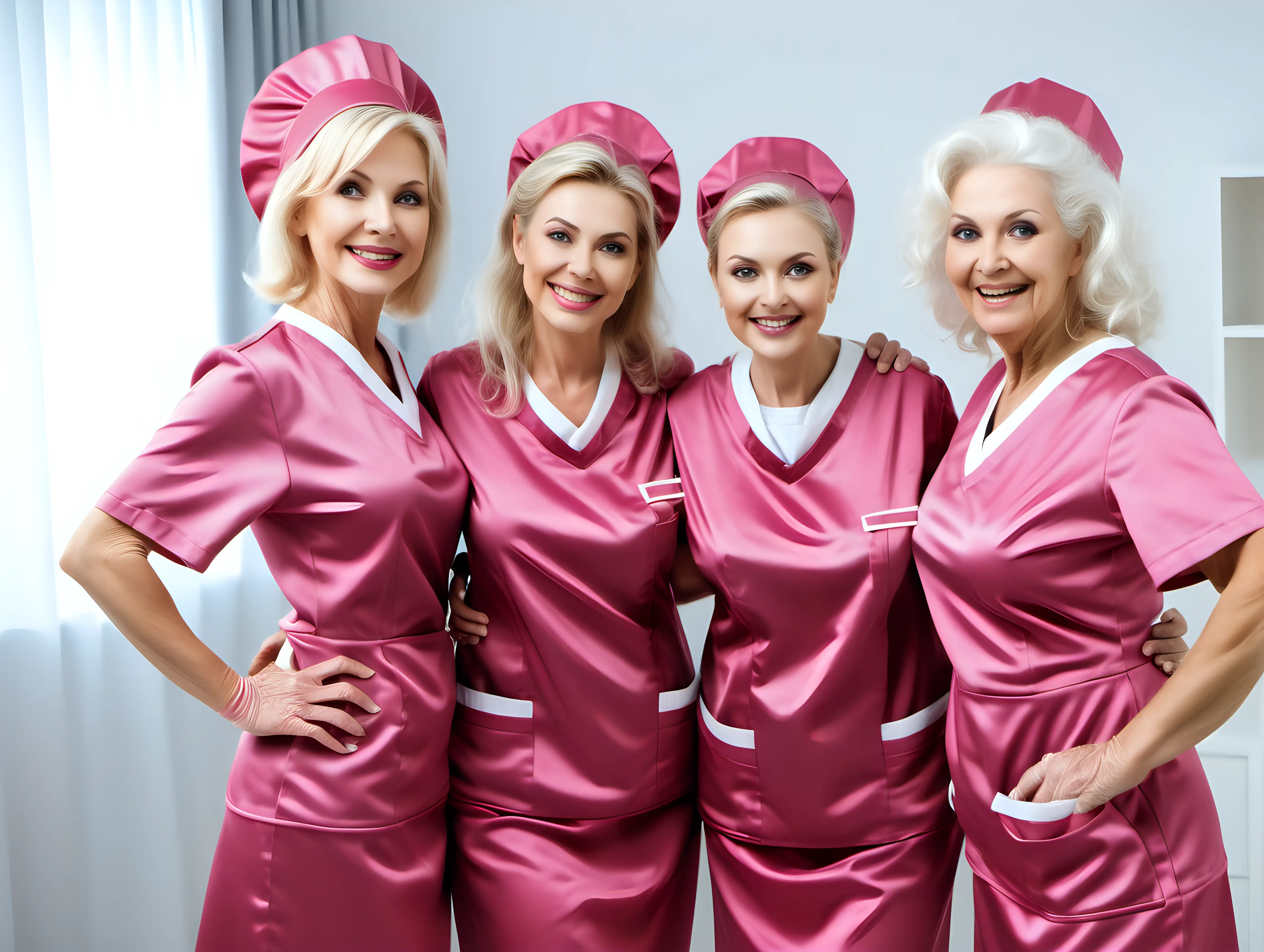 two black and blonde hair elderly mothers and their litle daughters in satin dark pink english nurse uniforms smiled by their mistress dental