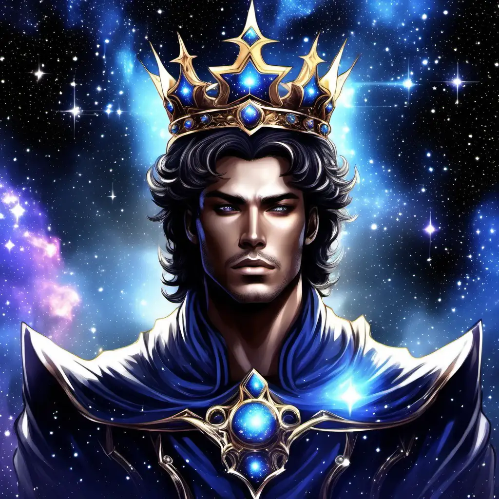 a powerful celestial being, crown prince, galaxy themed, crown of stars, cosmic, nebula, strong male, beautiful prince, mysterious, glalaxian prince