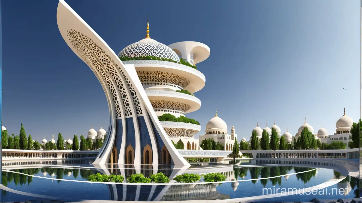 Futuristic Islamic Art Modern City with Reflective Tree Element