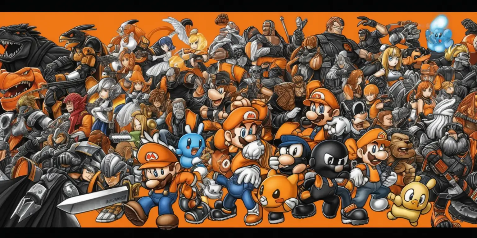 I need an image that has every game character in it with the background black and orange 