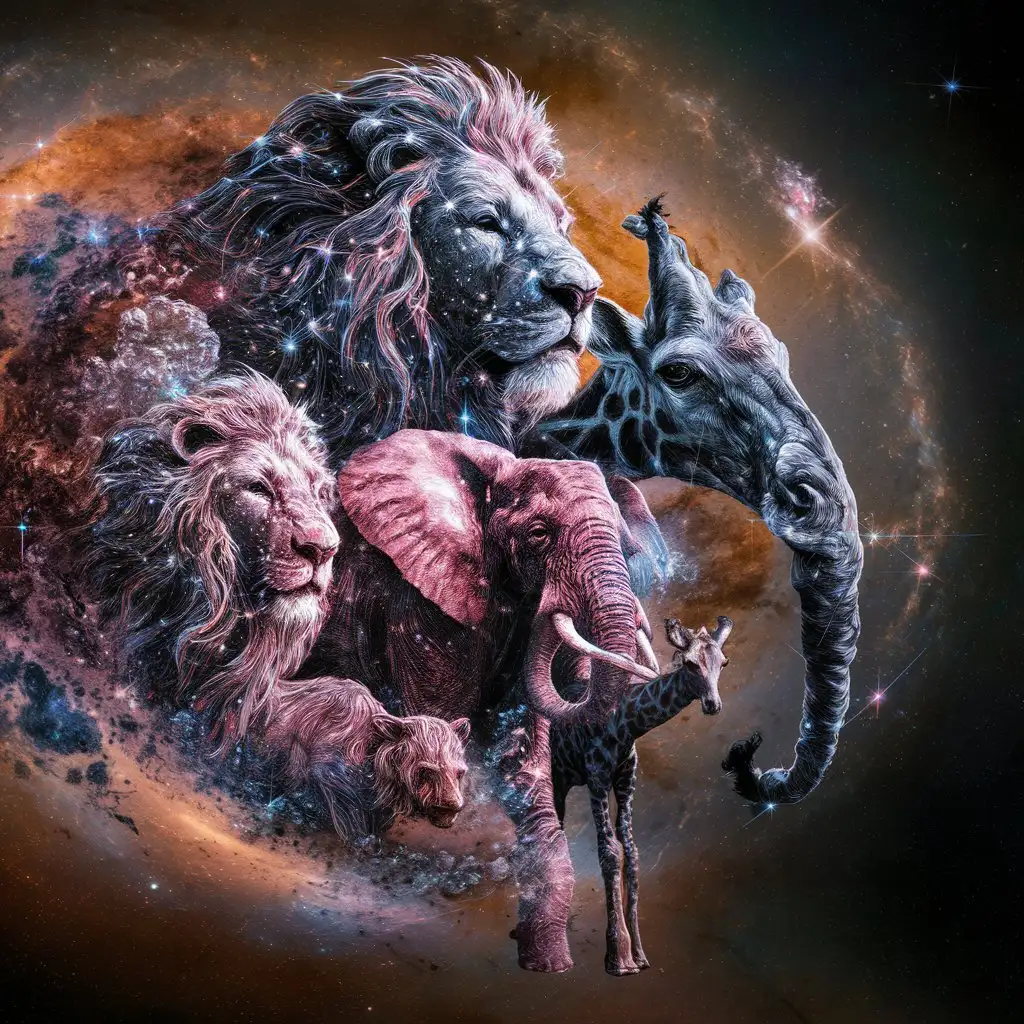 Cosmic animals made of star clusters and nebulae, against a deep space background.