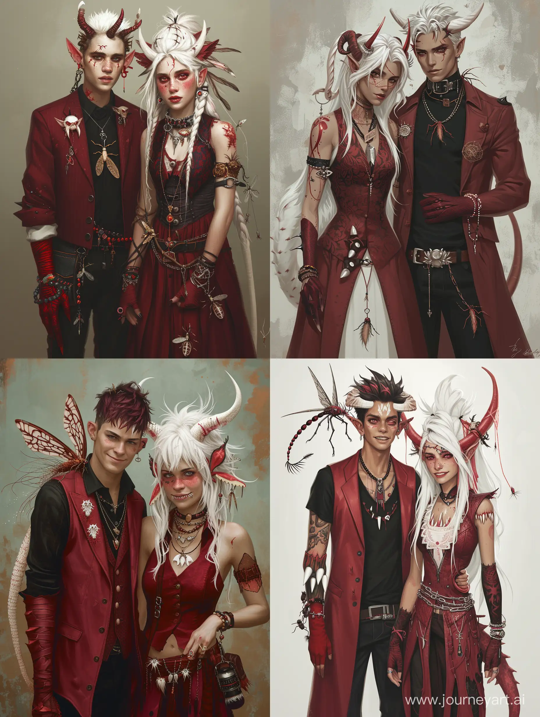 The woman has white hair and crimson irises, a tail with teeth, white horns and chitinous spikes sticking out of her hair. He wears almost entirely crimson clothes: a black T-shirt, a crimson vest, crimson gloves and a long crimson blazer. She wears a lot of trinkets in the form of flies, bracelets and jewelry.