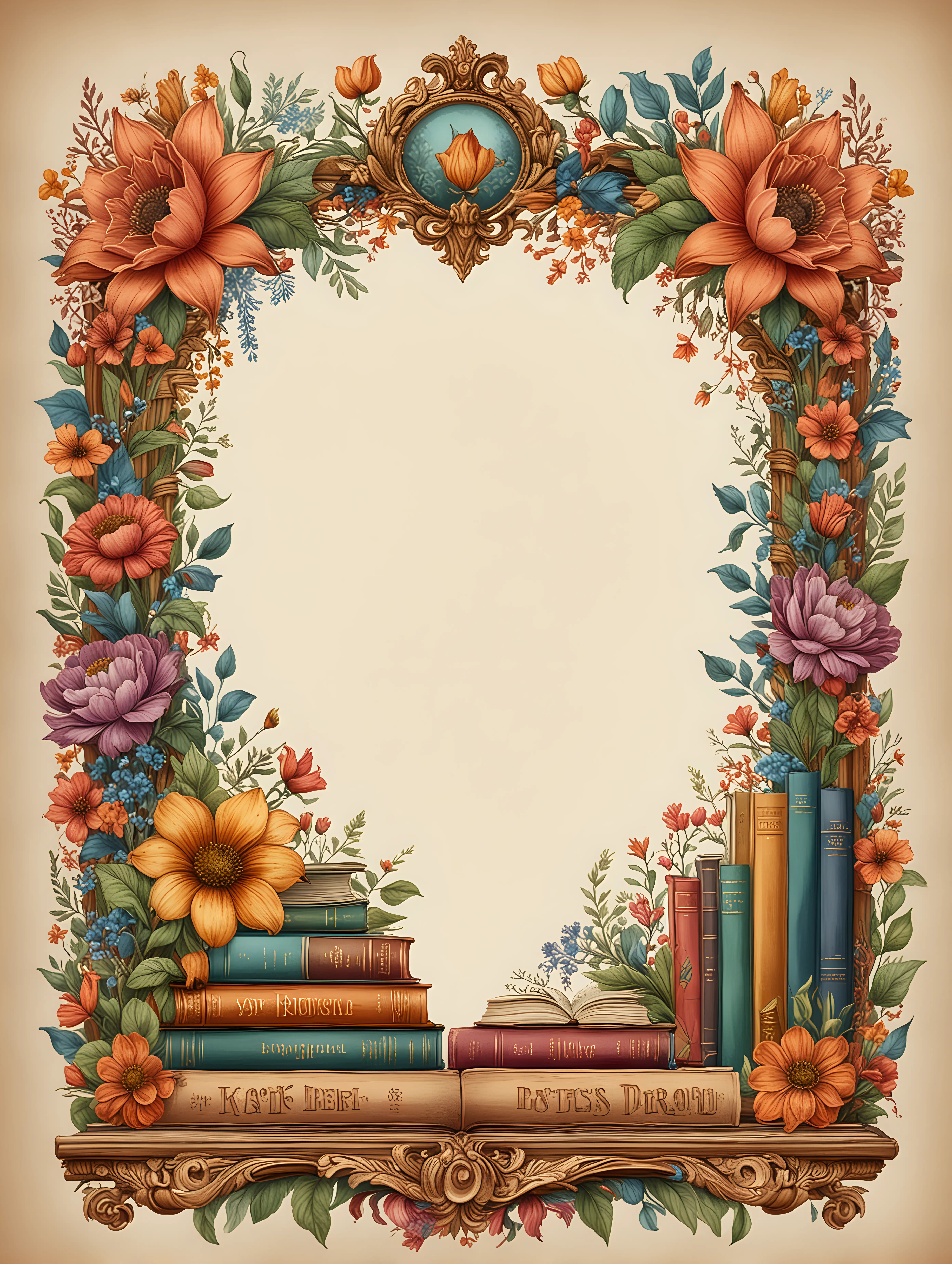 Colorful illustrated style  bookish frame with books, floral and royal accents