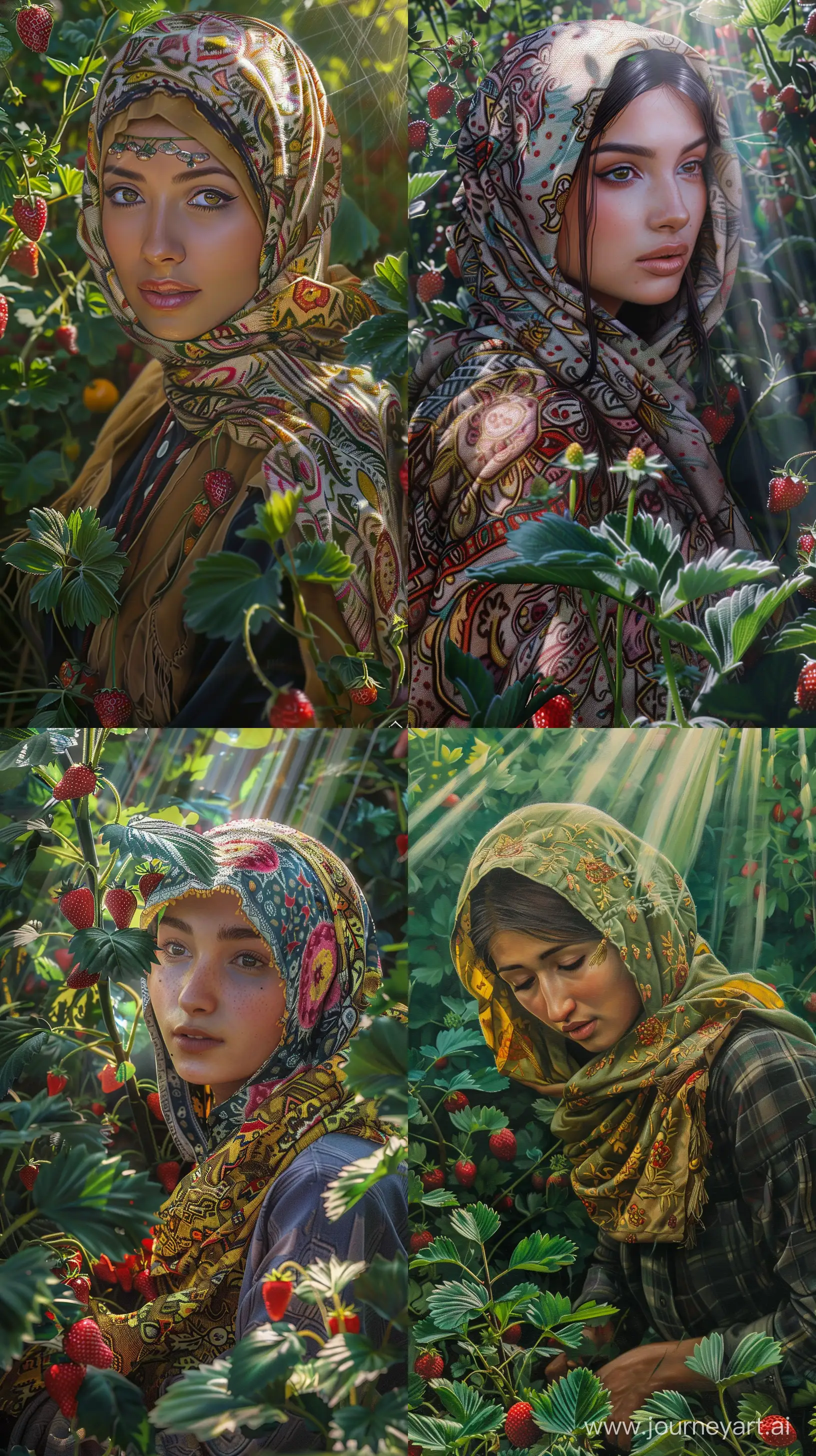 Severe, very beautiful Tajikistan woman Queen works in the field among the sprouts of strawberry fruit trees "golden apple tree" head scarf, rustic clothing style, realism, oil paints fantasy animal in the jungle, closeup, ultra detailed, fairy lighting, photorealistic, bright colors, volumetric rays of light, hdr. --ar 9:16 --v 6