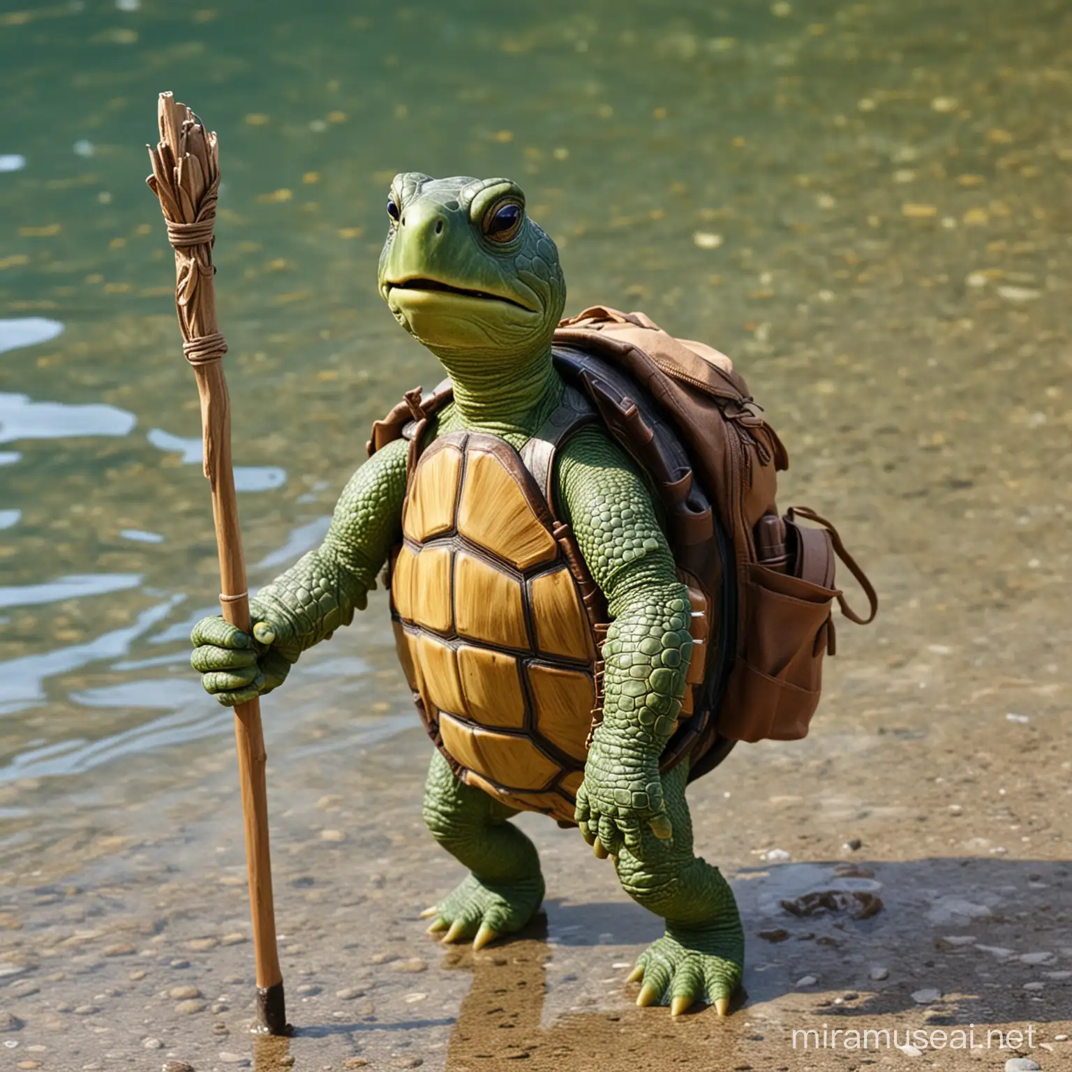 tourist turtle with a backpack and stick