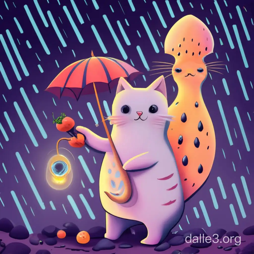 draw a slug cat that is looking for shelter from the rain and holds a berry and a glowing squid in its paw