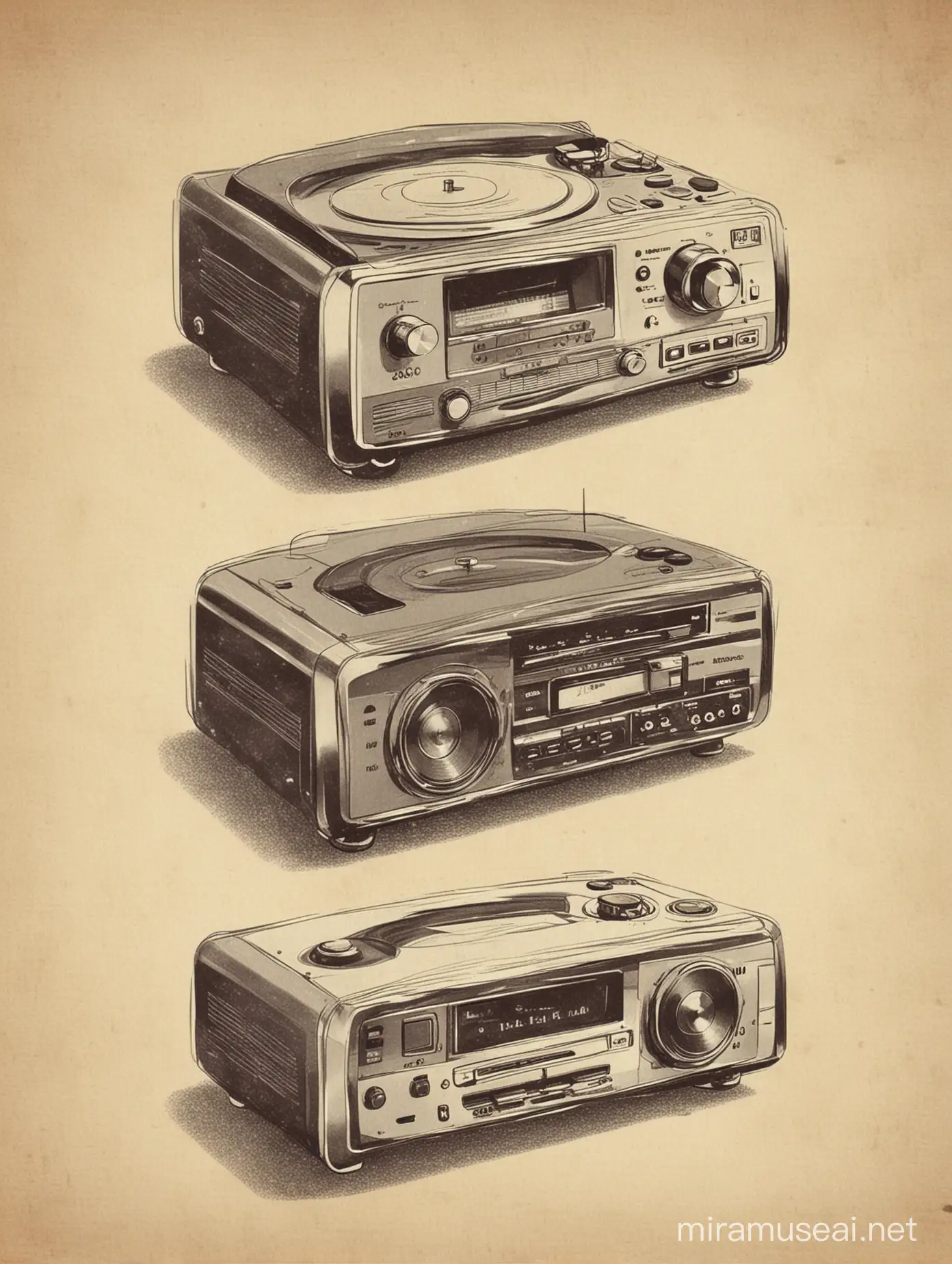 Vintage CD Player Illustration Retro Music Equipment Drawing