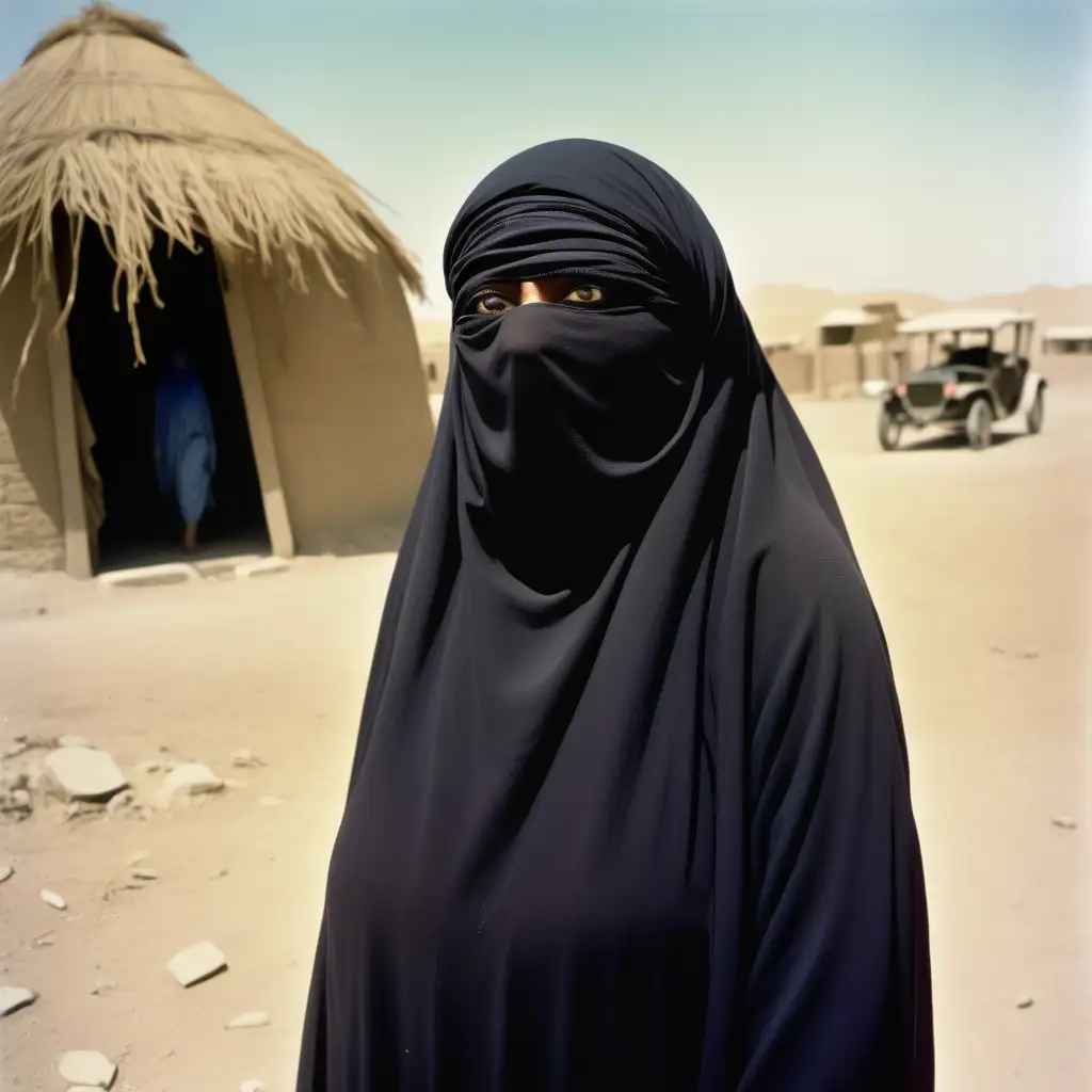 Full colour image. An Egyptian woman in full burqa, only her sad eyes are visible. Background is a hut in rural Egypt in the 1920s.