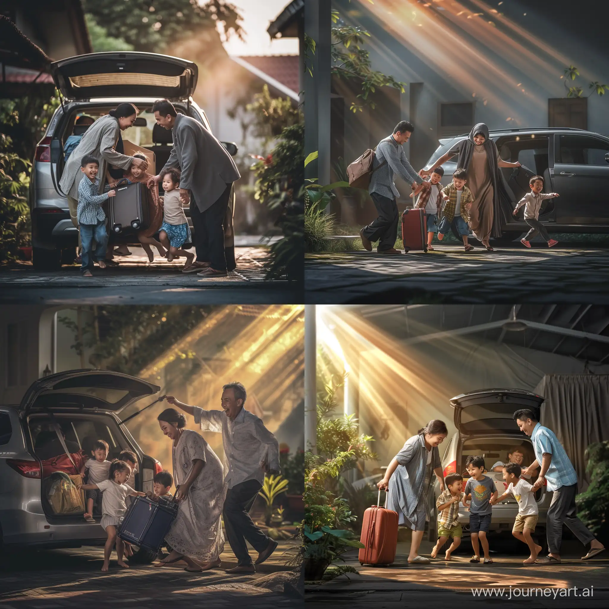 Ultra realistic, a Malay married couple is packing and putting a suitcase into the car. two sons and a daughter are running happily into the car. they want to start a vacation. atmosphere in the yard in the morning. the rays of the newly rising sun. canon eos-id x mark iii dslr --v 6.0