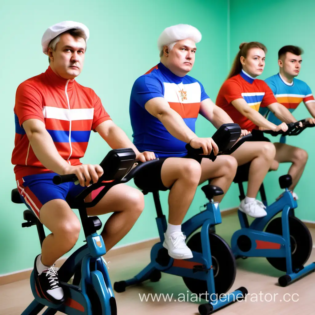 People on exercise bikes dressed in the style of the 90s in Russia