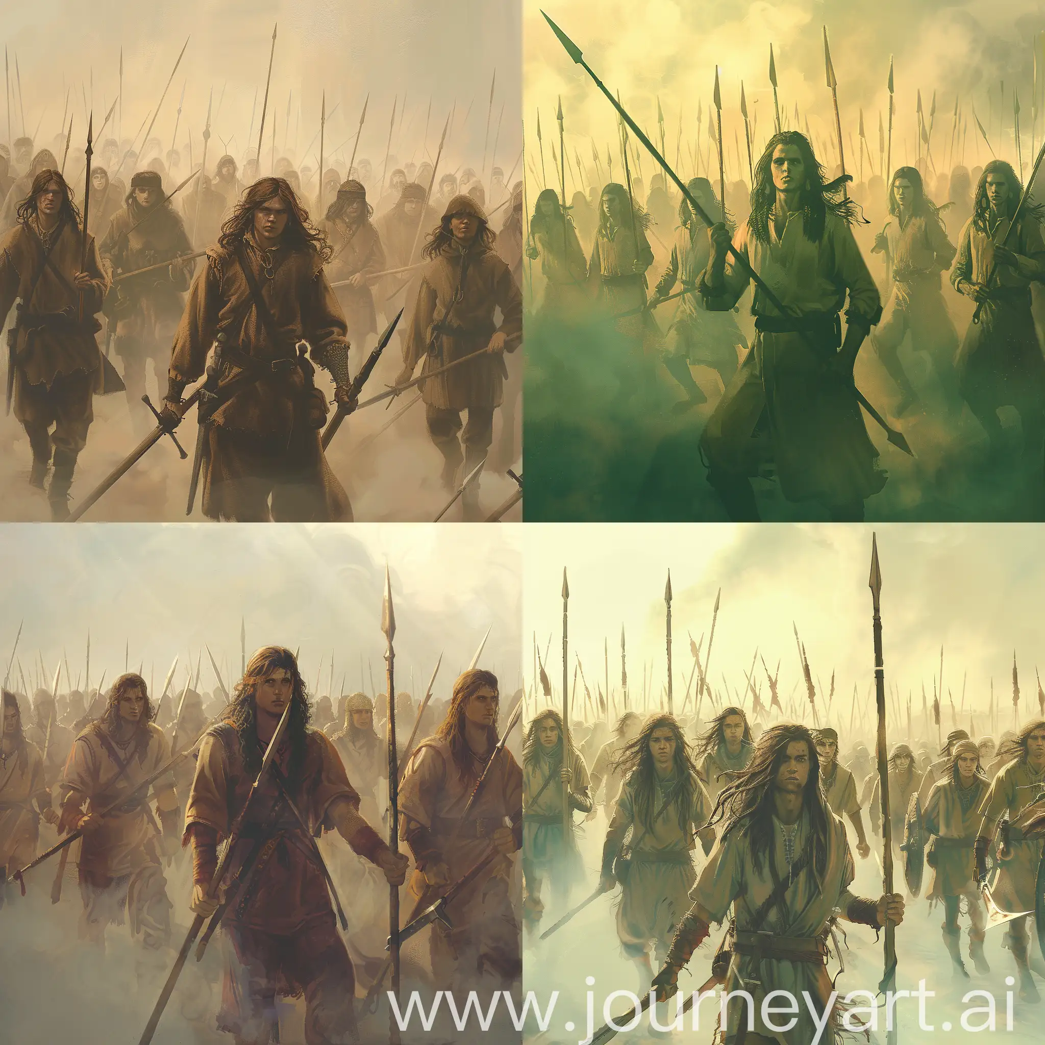 Нарисуй арт: толпа молодых мужчин-крестьян с длинными волосами и копьями в руках идет маршем на туманном фоне. Это в стиле изображений из игры Crusader kings 3.