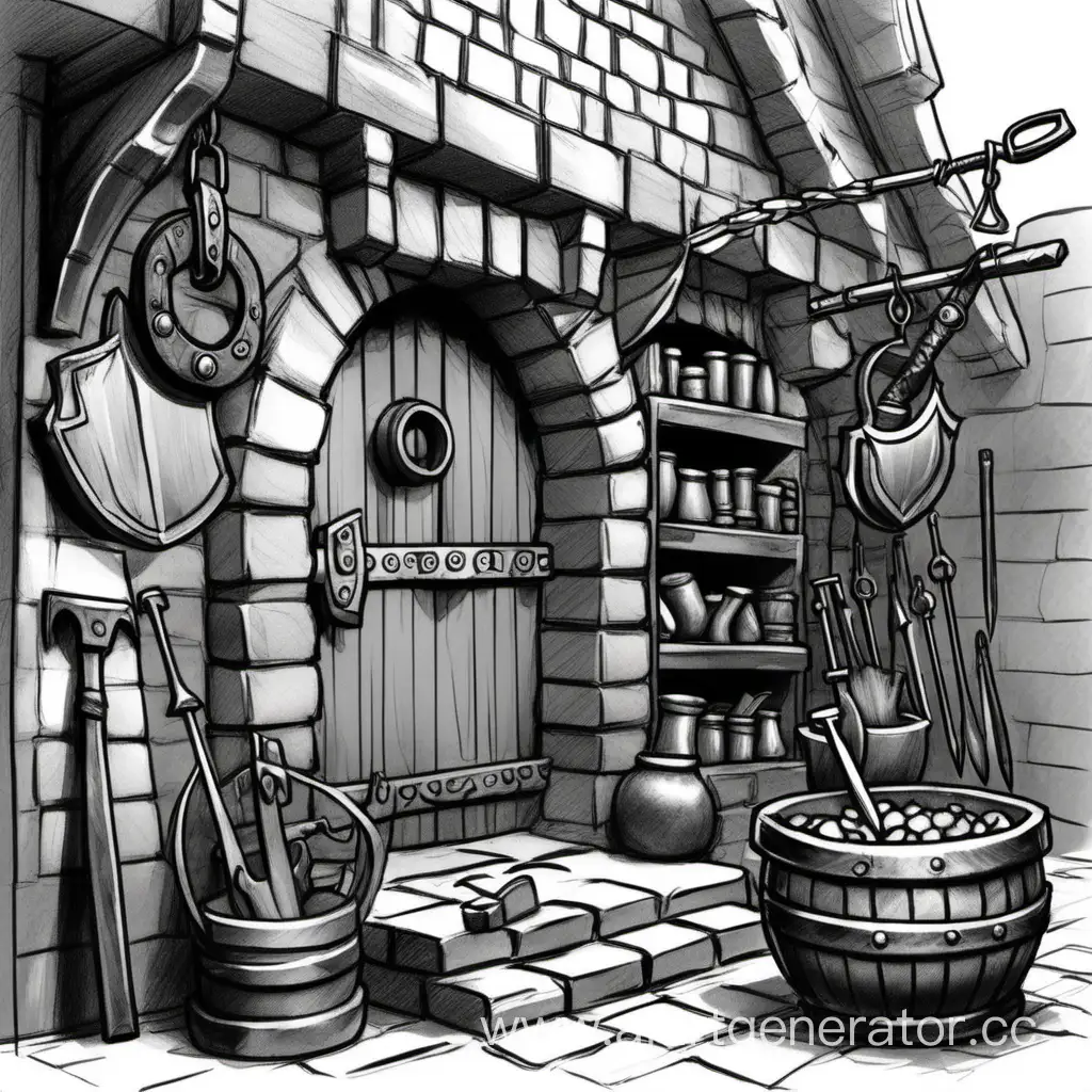 Fantasy-Sketch-Dwarf-Blacksmiths-Weapon-Shop-in-the-Trading-Quarter