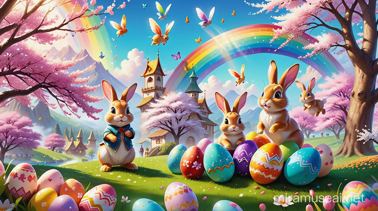 An Easter fantasy holiday for children with vibrant colors and magical elements of surprise. The prompt:
"Easter-themed magical adventure with whimsical surprises, (best quality,highres:1.2), joyful children happily exploring an enchanted land, (colorful,vivid tones) portraying the essence of the holiday spirit, (detailed,beautifully hand-painted eggs), (lively:bunnies) hopping in every direction, surrounded by (sparkling:flowers) blooming with joy and wonder, (golden:light) illuminating the scene, creating a sense of warmth and excitement, (magical:rainbow) soaring across the sky, filling the air with enchantment, (cherry blossom) petals gently falling, adding a touch of serenity, reflecting the arrival of spring, and creating a whimsical atmosphere that captures the imagination of children and adults alike."