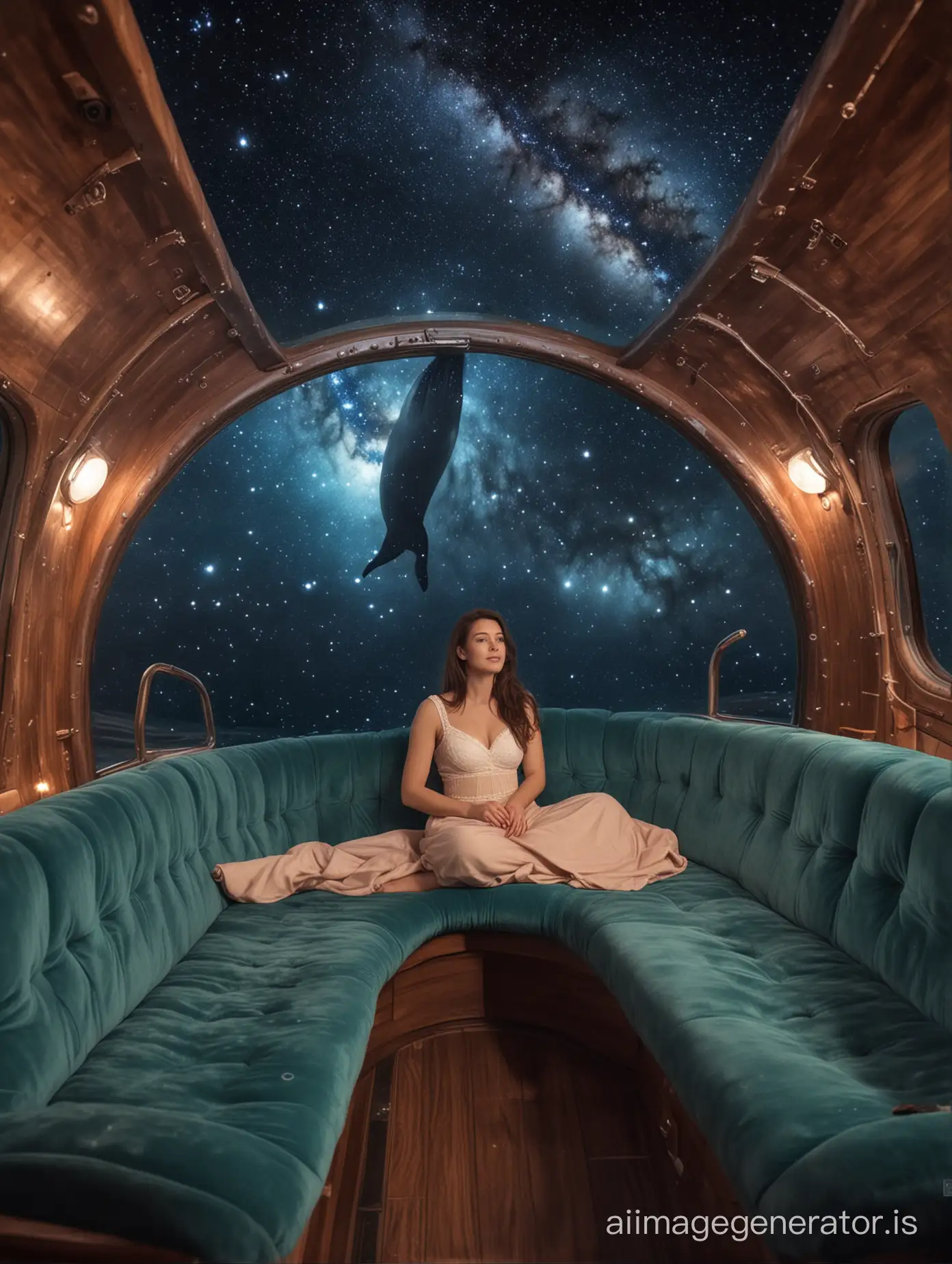 astrophotogrhapy inside whale, a woman seat at couch, hd,