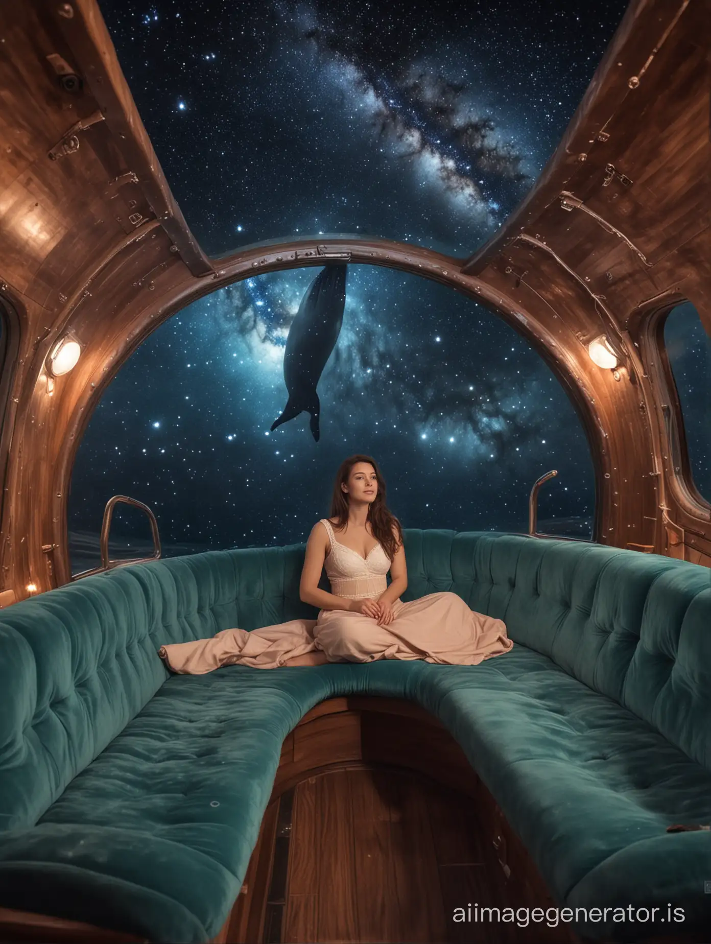 astrophotogrhapy inside whale, a woman seat at couch, hd, 