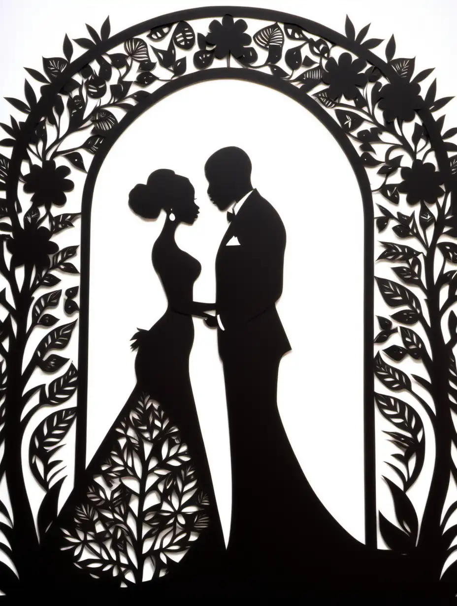 African Bride and Groom Silhouette Black PaperCut Wedding Scene under Flower Arch