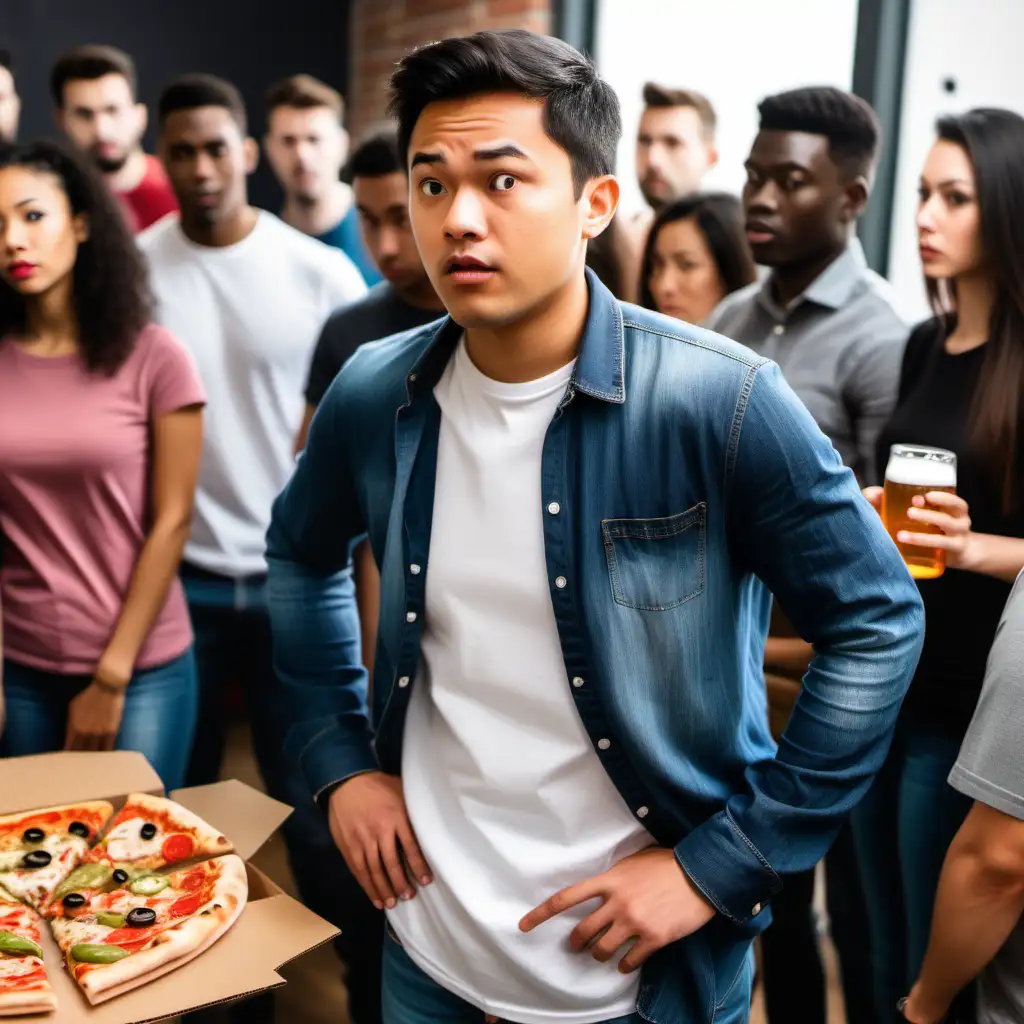 White preppy man in business casual clothes at a crowded start-up event with lots of other young Multiracial black and Asian entrepreneurs dressed in jeans and t-shirts. Crowded room with beer and pizza. Looking worried. 
