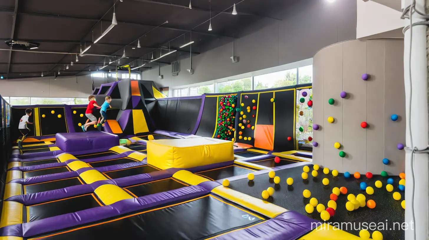 Joyful White Kids Playing in Colorful Trampoline Park with Climbing Wall