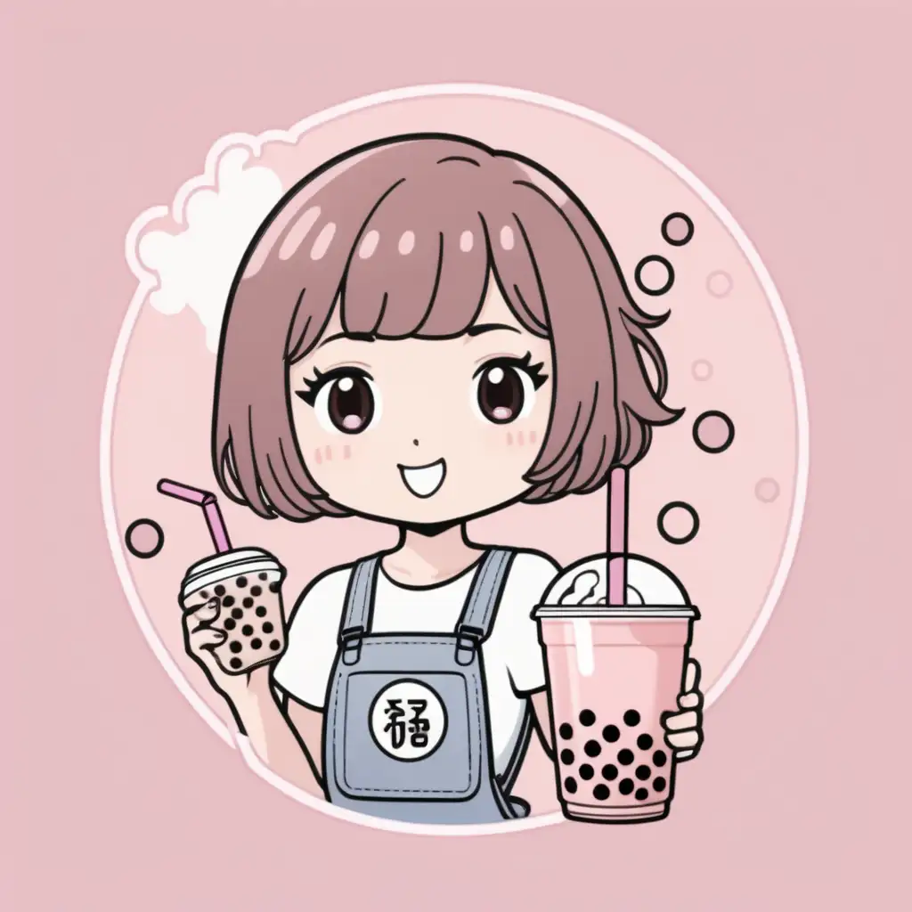 Bubble Tea Logo with Light Pink Background Featuring Short Hair Girl Holding