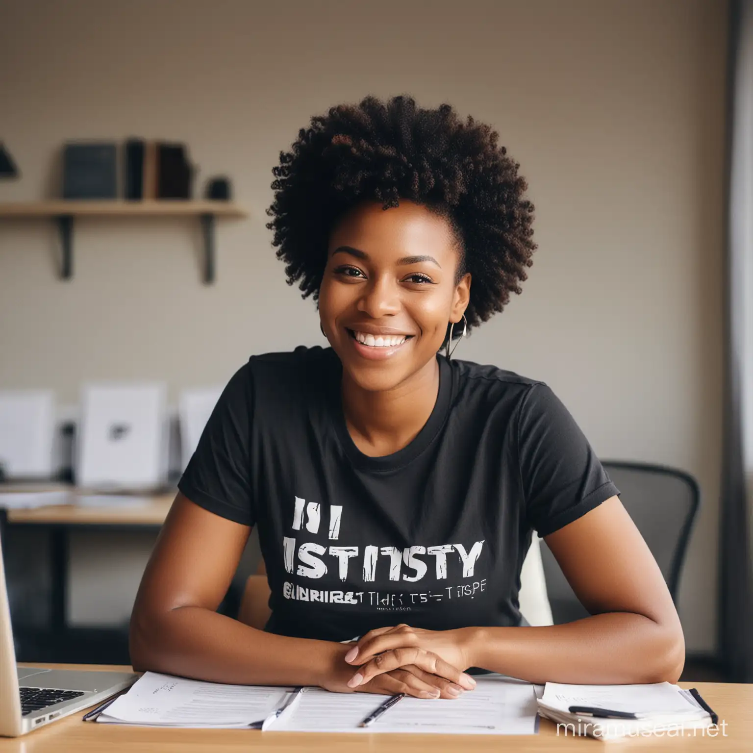 portrait of a Black woman wearing a T-shirt with the text 'I MUST TESTIFY' on it, smiling, natural light, high resolution in an office