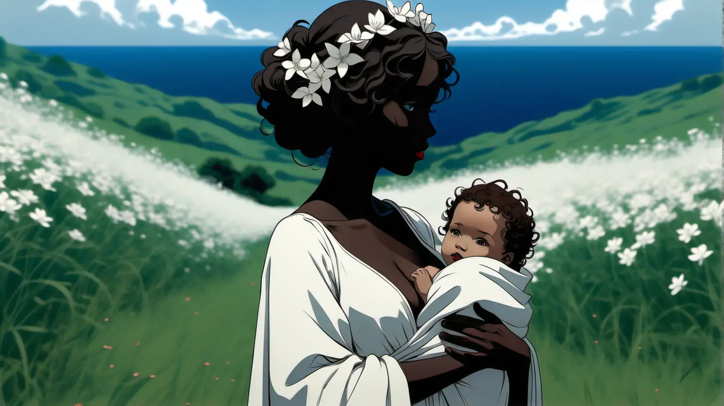 [BACKGROUND CHARACTER] Anime Silhouette, Woman looking to the horizon while standing in a grassy field of pale white flowers far away looking down at a bundled baby in her arms, beautiful body, white grecian attire(ethereal long black wild curly hair, dark brown skin, red lips, grey eyes) extremely detailed, ultra-sharp focus, perfect meshes and textures, highly accurate reflections, face drawn by the masterful artist Paul Gauguin, thin and soft lines --ar 2:3 --niji 5]