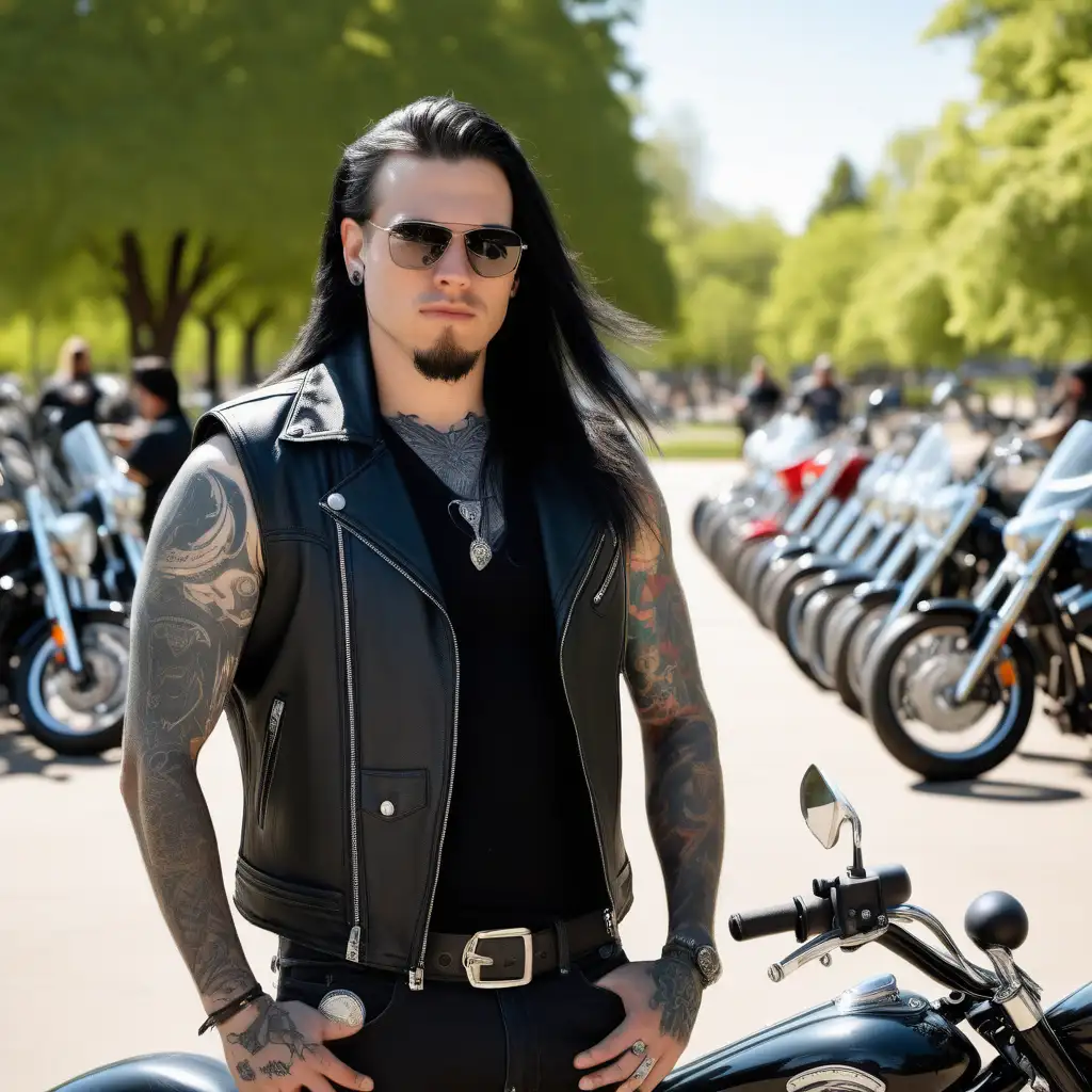 mock-up photo , PLAIN BLACK, LONG HAIR, TATTOED BIKER,SUNNY PARK WITH MOTORCYCLE IN THE BACKGROUND
