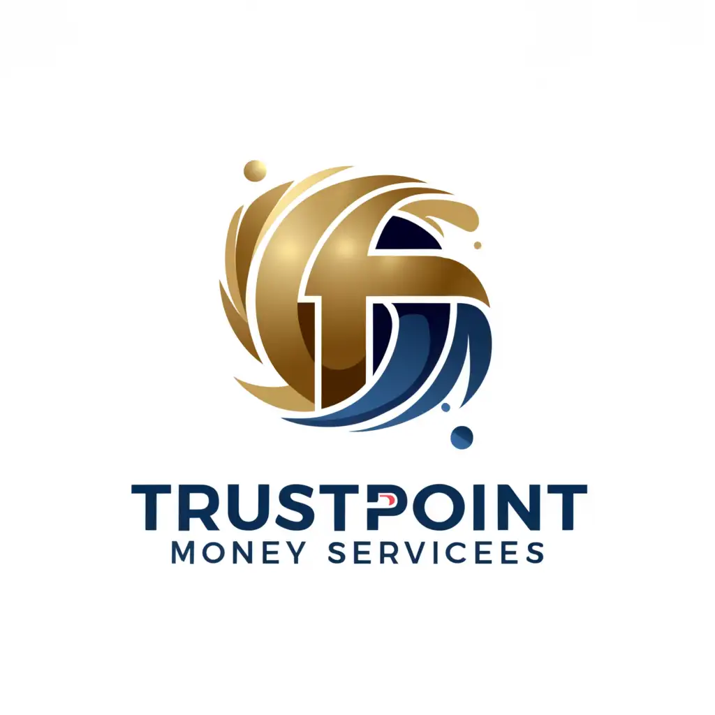 a logo design,with the text "TRUSTPOINT MONEY SERVICES, with letter o in gold", main symbol:TPM IN A BIG GOLD BLUE RED  WATERY HALF CIRCLE WITH A SHADOW,complex,be used in Finance industry,clear background