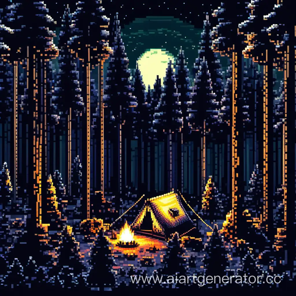 Лагерь в сосновом лесу, ночь, хоррор, пиксельное
