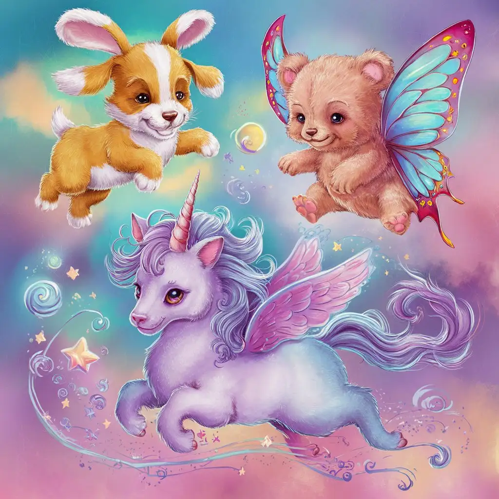 cartoon animations of different cute, rainbow, magical, extraterrestrial animals that mix young earth animals, i.e. a puppy-bunny, a butterfly-bear, and a unicorn-cat