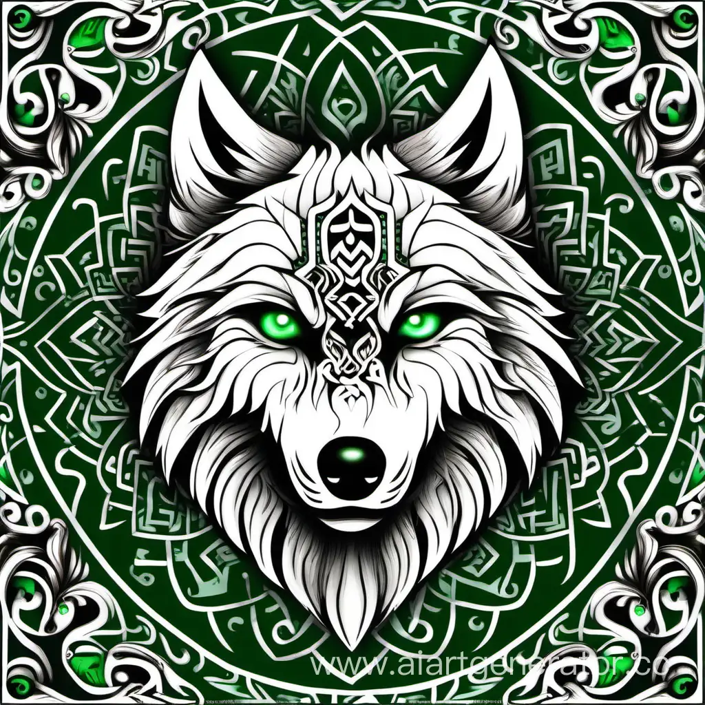 Majestic-White-Wolf-with-Slavic-Pattern-Head-and-Enchanting-Green-Eyes