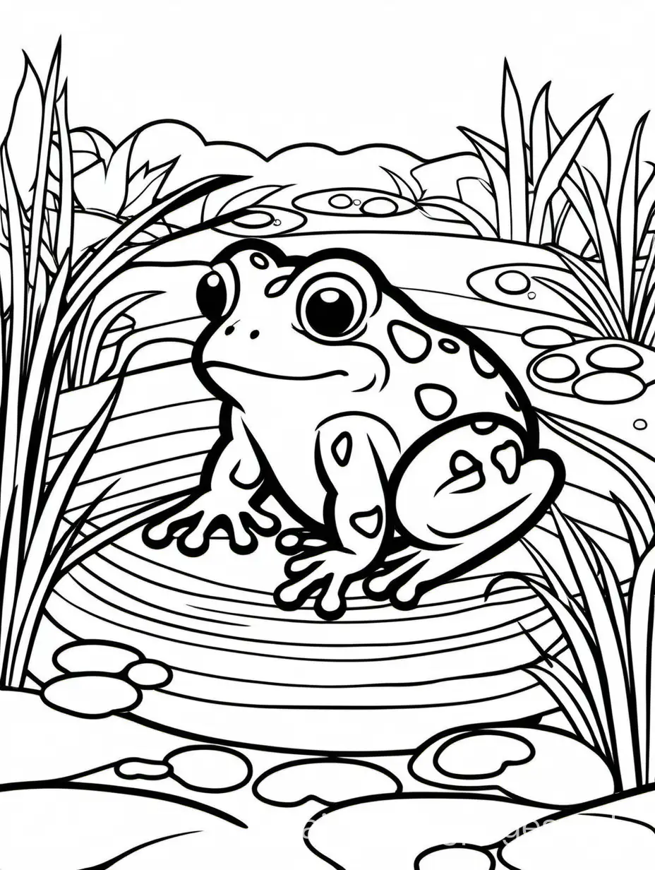 line art, outline image, illustration, white background, vectorize, cute frog in a pond for kids to color, Coloring Page, black and white, line art, white background, Simplicity, Ample White Space. The background of the coloring page is plain white to make it easy for young children to color within the lines. The outlines of all the subjects are easy to distinguish, making it simple for kids to color without too much difficulty