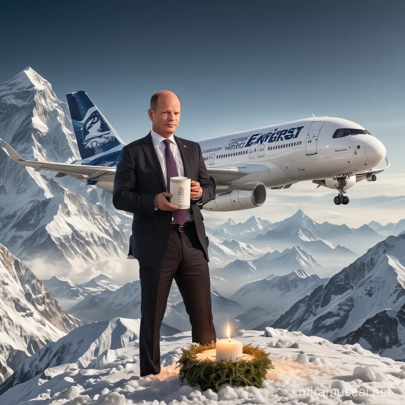 Supersonic Airbus Soaring Past Mount Everest Amidst Hemp Fields with Olaf Scholz Pouring Candle