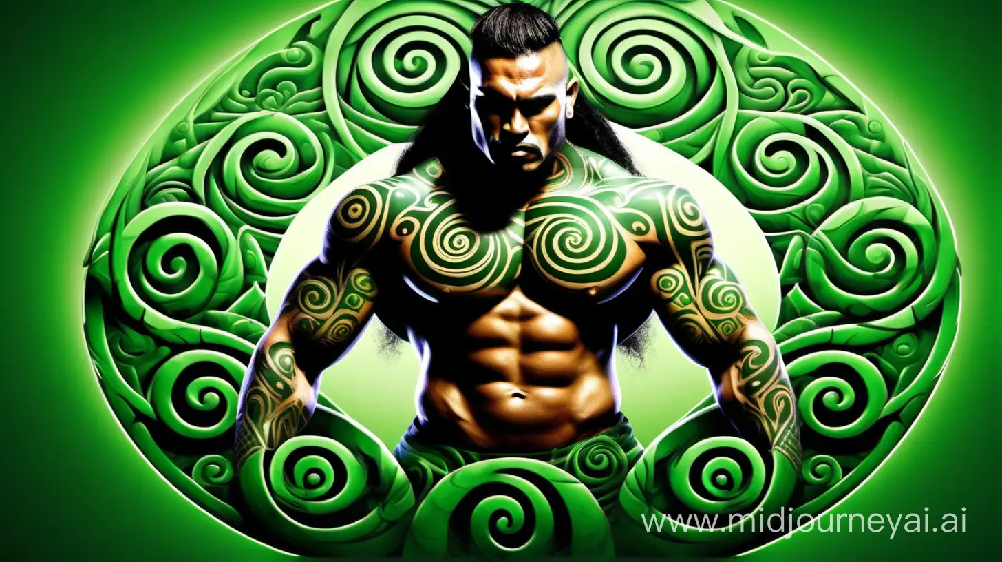 live muscle warrior maori with green spiral flora behind
