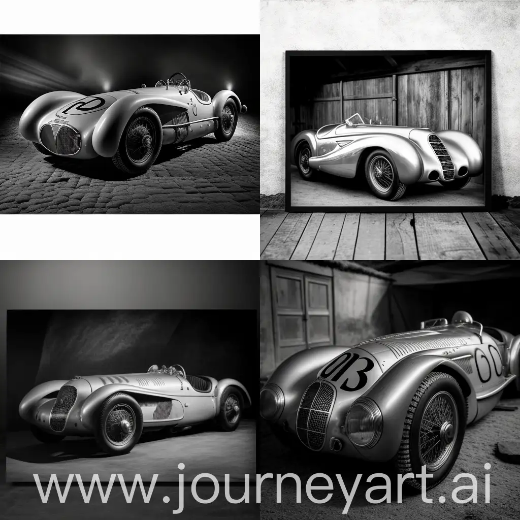 grey car Mercedes vintage 1950 f1 ,high quality,award winning image,photographic angle,black and White.