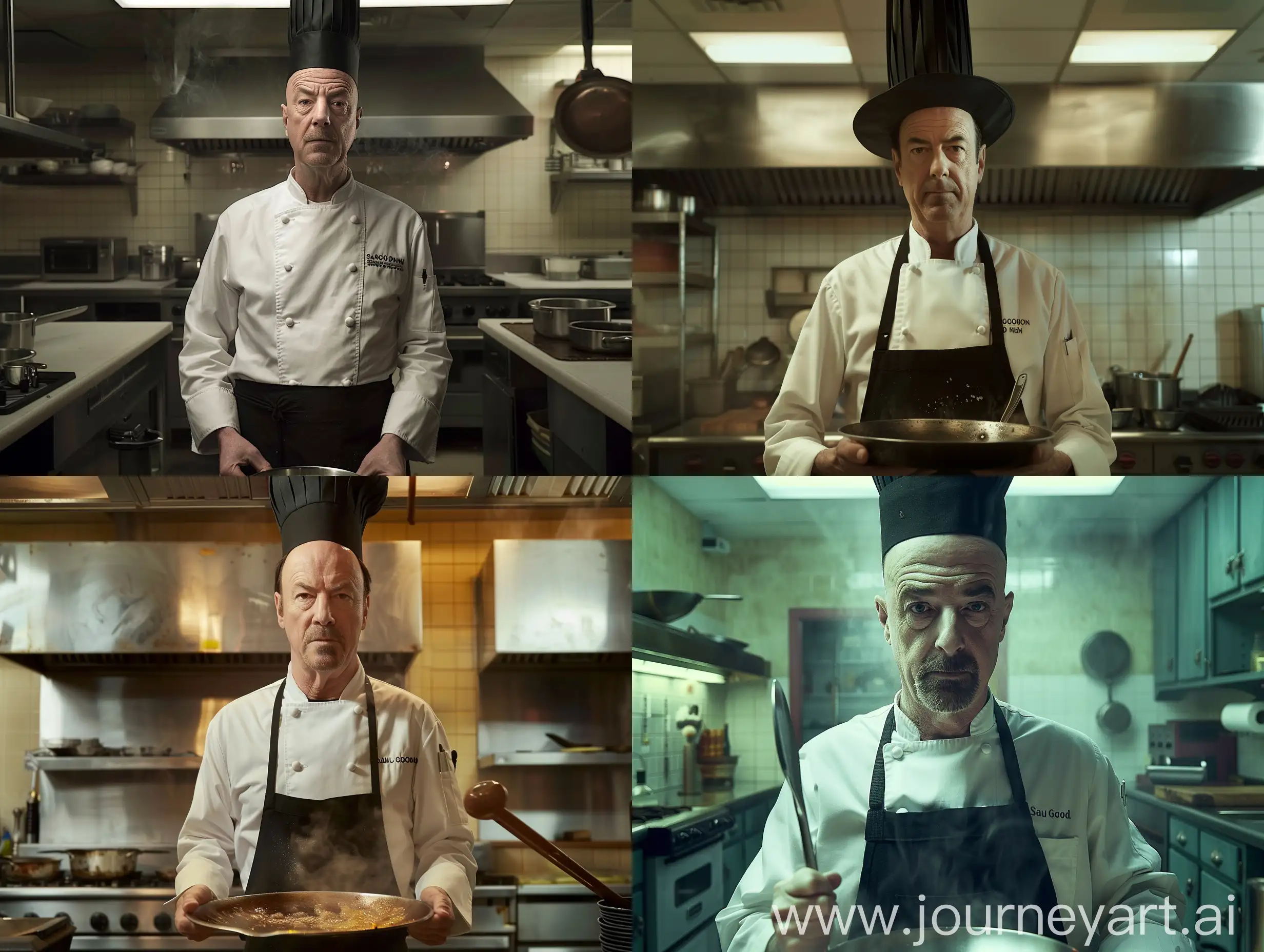 Saul Goodman (played by Bob Edenkirk) is bad in Breaking Bad, Saul Goodman (played by Bob Edenkirk) is wearing a white chef's suit, Saul Goodman (played by Bob Edenkirk) is wearing a black kitchen apron, Saul Goodman is wearing a tall black chef's hat, Saul Gud Man has a wide ladle in his hand, the background of the kitchen, Saul's face is neither happy nor sad, modern lighting, very clear, very realistic, very high quality image,q2


