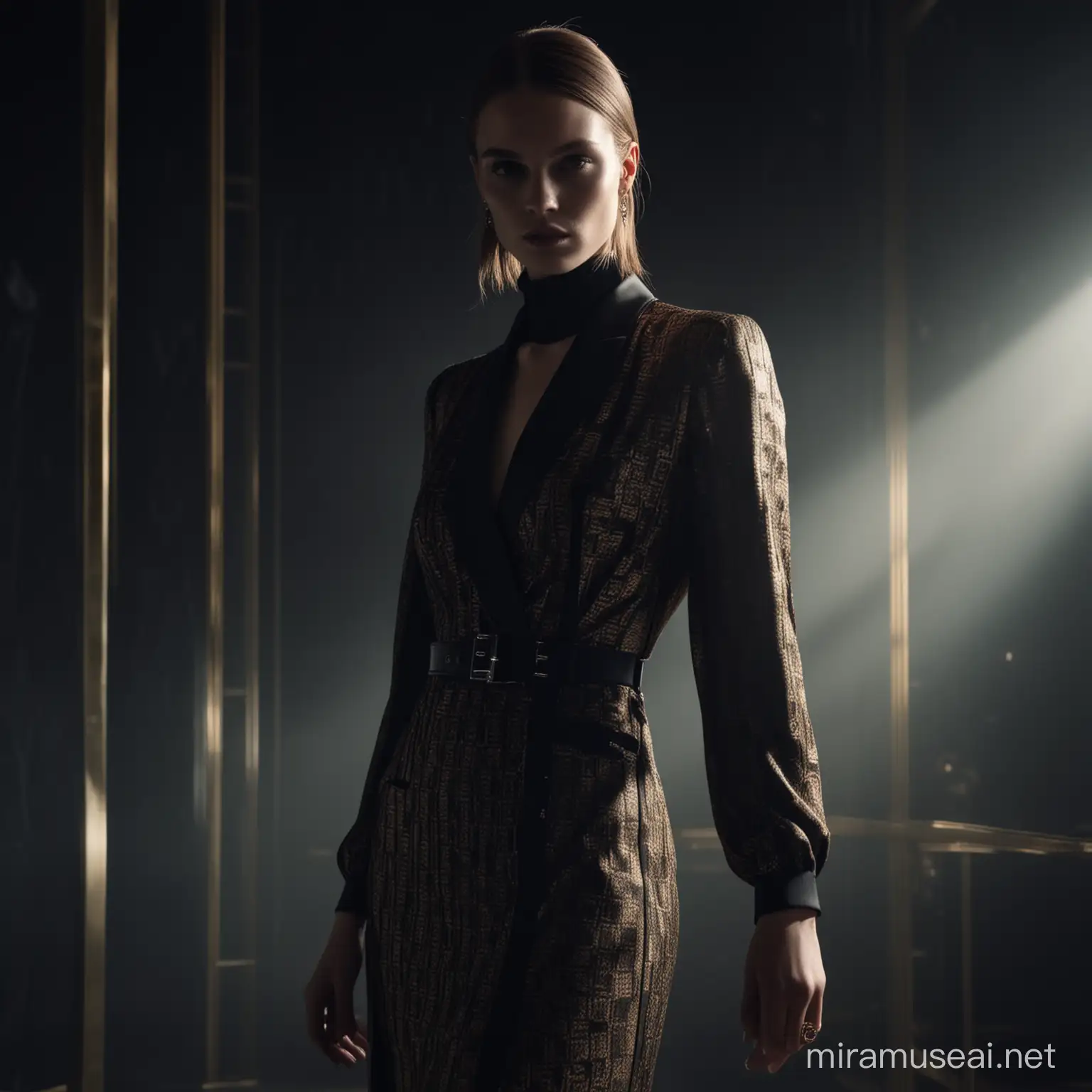 A sleek and sophisticated (((professional fashion shoot))) for Gucci's latest Vogue Ukraine campaign, featuring a single model elegantly posing in a modern dress under ((dramatic cinematic lighting)) with a dark, luxurious backdrop