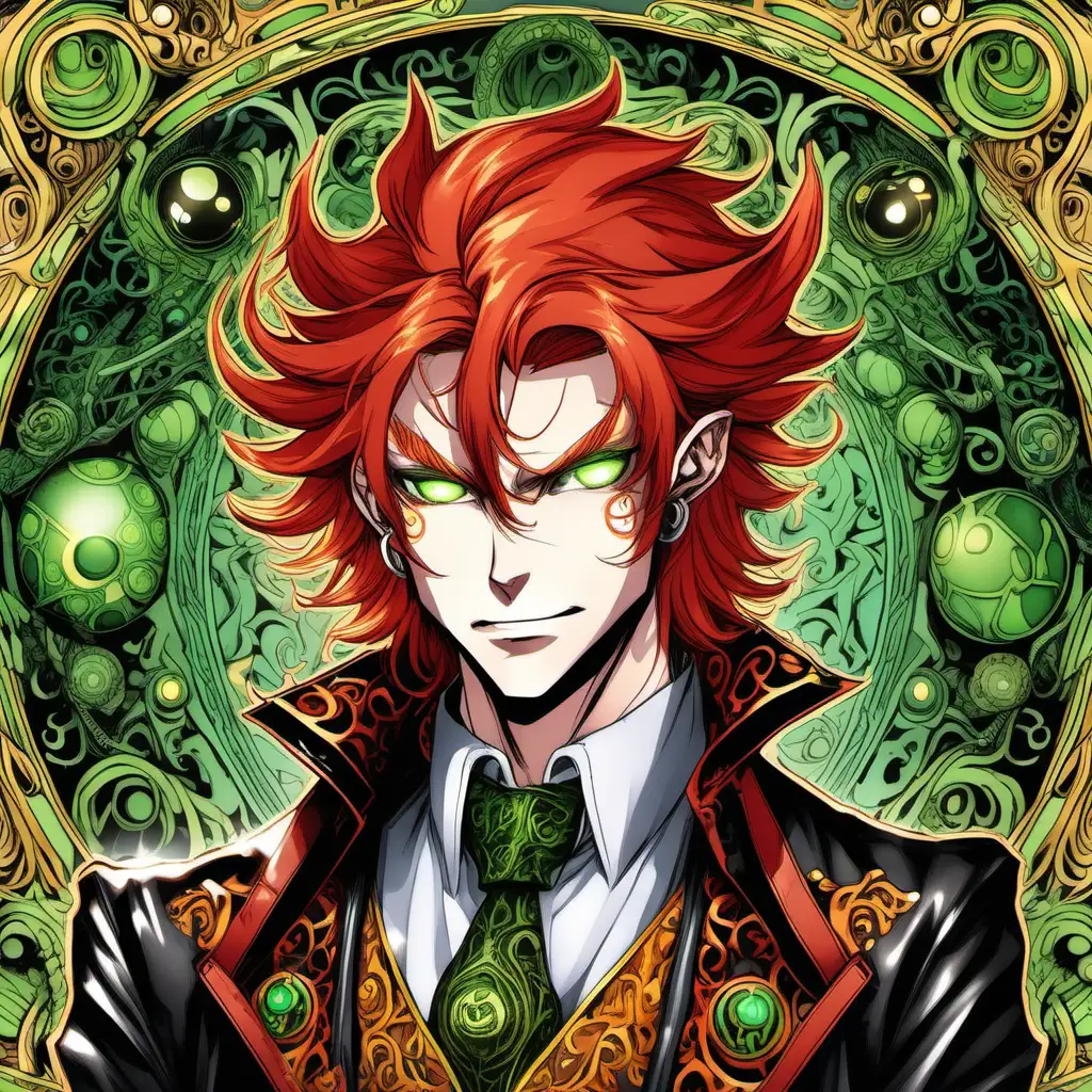 Beel is a lithe and agile figure, with a mischievous grin that hints at his devilish nature. His piercing green eyes gleam with an otherworldly intelligence, framed by a mane of fiery red hair that seems to dance in the hellish winds. He wears a form-fitting leather ensemble adorned with ornate patterns and symbols, reflecting his affinity for poison and disease.